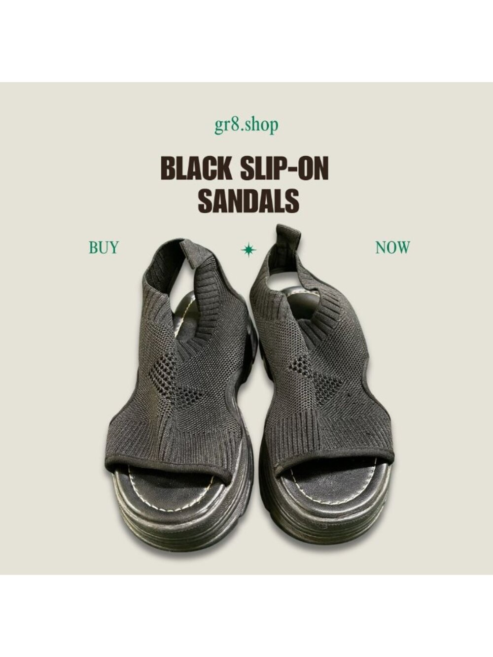 Black Slip-On Sandals Chunky Sole Lightweight Knit Design Size 6 Versatile & Sty